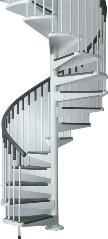 Escalera de caracol met�lica, pintada al horno, ligera y muy resistente. Sin soldaduras a la vista adaptable a cualquier estilo. Pelda�os con protectores de moqueta gris � PVC. Ocho di�metros y altura a medida.