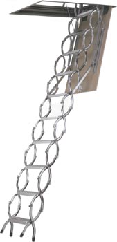 Escalera escamoteable de tijera para techo. Los pelda�os quedan recogidos sobre la tapa sin ocupar espacio en la planta superior cuando permanece cerrada. Se suministra completamente montada. Medidas estandarizadas con posibilidad de fabricaci�n a medida.