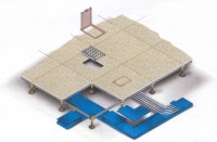 Pavimento elevado de aglomerado alta densidad recubierto inferiormente por l�mina de aluminio//acero. Acabados exteriores: PVC//madera//corcho//vin�lico//piedra... Estructura autoportante de nivelaci�n en altura. Instalaciones y servicios bajo suelo