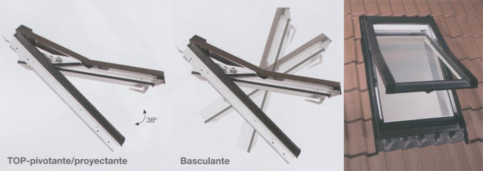Ventana de apertura top-pivotante/proyectante hasta 38�, basculante con eje de rotaci�n, fabricada en pino n�rdico de primera calidad. Pendiente admisible de 15 a 65�. Rejilla de aireaci�n regulable para ventilaci�n sin necesidad de abrir la ventana.
