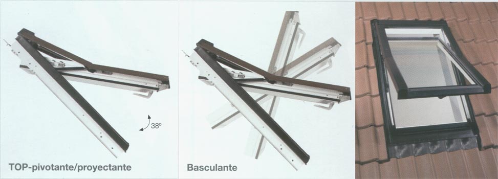 Ventana de apertura top-pivotante/proyectante hasta 38�, basculante con eje de rotaci�n, fabricada en PVC de color blanco. Pendndiente admisible de 15 a 65�. La mejor combinaci�n con otras ventanas de PVC.